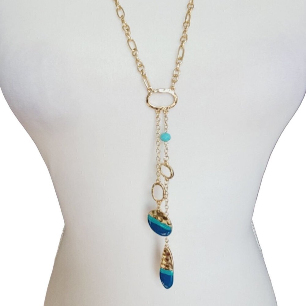 Illuminata Long Y Necklace Gold Tone Hammered & Enameled NEW Costume Jewelry